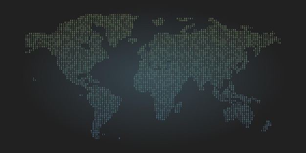 バイナリコードの世界地図の背景。ゼロと1つの抽象的なシンボル。コーディングプログラミングの概念のベクトル図。