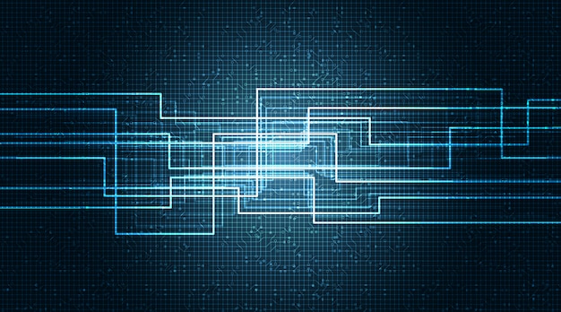 Vettore microchip del circuito di linea binaria su sfondo tecnologico, digitale hi-tech e concetto di sicurezza