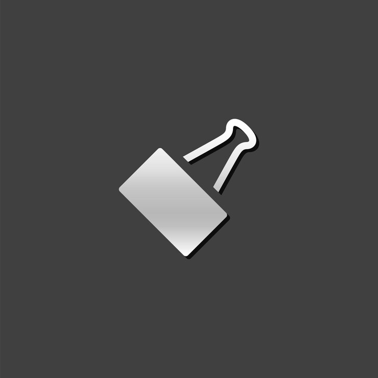 Vector binder clip icon in metallic grey color style office supply paper clip