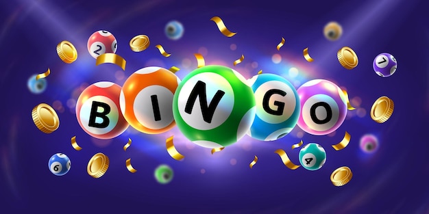 Vector bingo banner floating 3d lotto game balls lotteries gaming event promotion with golden coins and falling confetti vector illustration