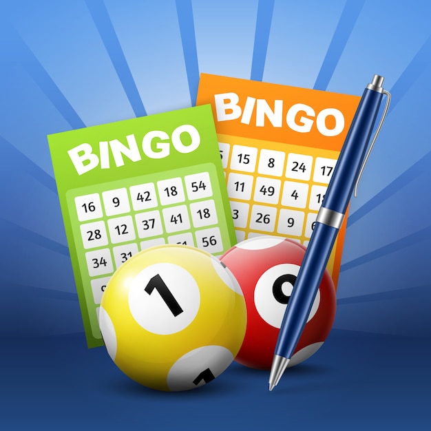 Vector bingo lottery balls and tickets with numbers, pen