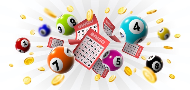 Vector bingo winner background with lottery tickets, balls and gold coins. realistic keno gambling game win poster with cards burs vector concept