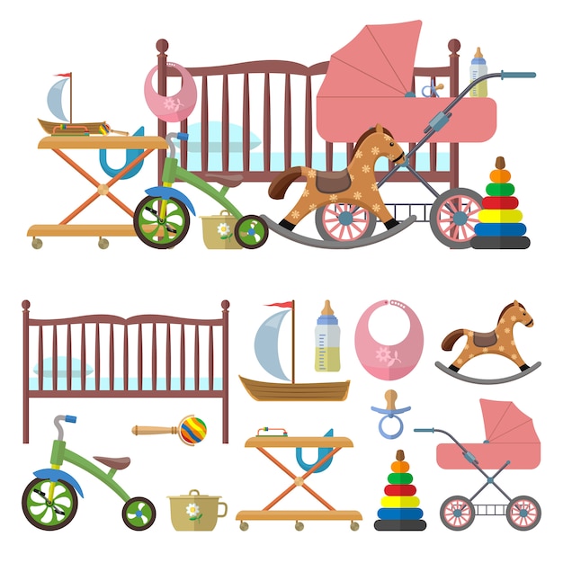 Binnenland van babyruimte en vectorreeks speelgoed voor jonge geitjes. illustratie in vlakke stijl. bed, kinderkamer, fiets, koets