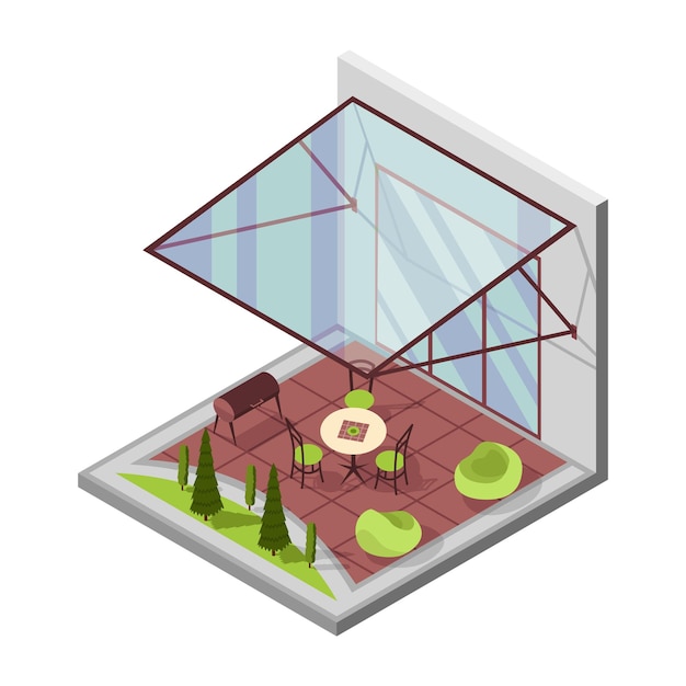 Binnenplaats isometrische compositie met terras. huis met een eigen terras en transparante glazen overkapping. overdekte veranda voor tafelplaats. moderne architectuur.