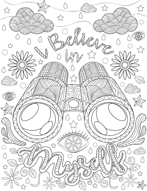 Vector binoculars doodle clouds stars water drop leaves colorless line drawing looking glass with