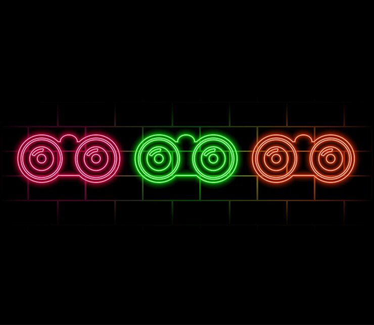 Vector binoculars find neon icon blue and yellow neon vector icon