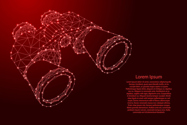 Binoculars, search concept from futuristic polygonal red lines and glowing stars