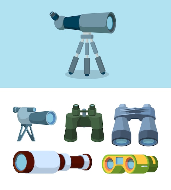 Binoculars. Travel telescope reflection optical tools for outdoor exploration vector flat style illustrations. Lens navigation, search equipment, zoom and vision