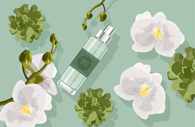 Bio cosmetica samenstelling met witte orchideebloemen en groene bladeren, cactus. parfum flesje