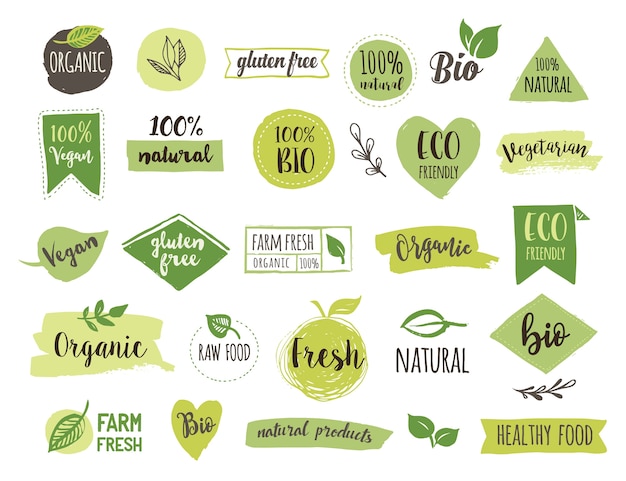 Bio, ecologie, biologische logo's en labels. hand getrokken bio-insignes voor gezonde voeding, set van rauwe, veganistische, gezonde voedingstekens, biologische en elementen set