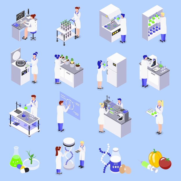 Vector bio engineering gmo technology isometric icons set with laboratory genetically altered dna plants food isolated vector illustration