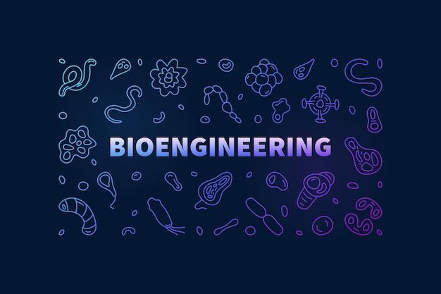 Bio-engineering vectoronderzoek concept horizontale blauwe banner in kaderstijl Bio Engineering creatieve illustratie met donkere achtergrond