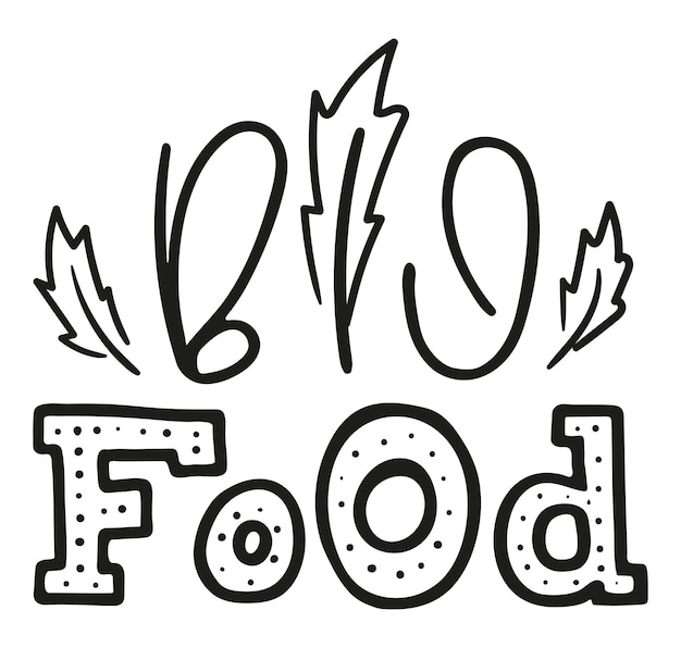Bio food black lettering with doodle leaf