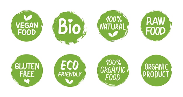 Bio green labels organic eco logo set vector ecology round banners or stickers