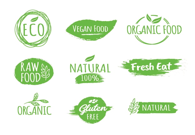 Vector bio product eco emblems gluten free natural product labels vegan green bio food