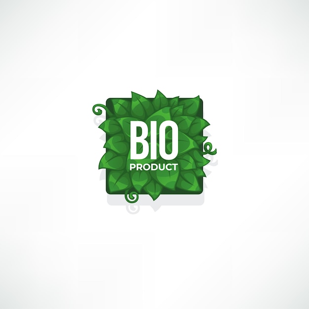 Vector bio product label template with green leaves and lettering composition