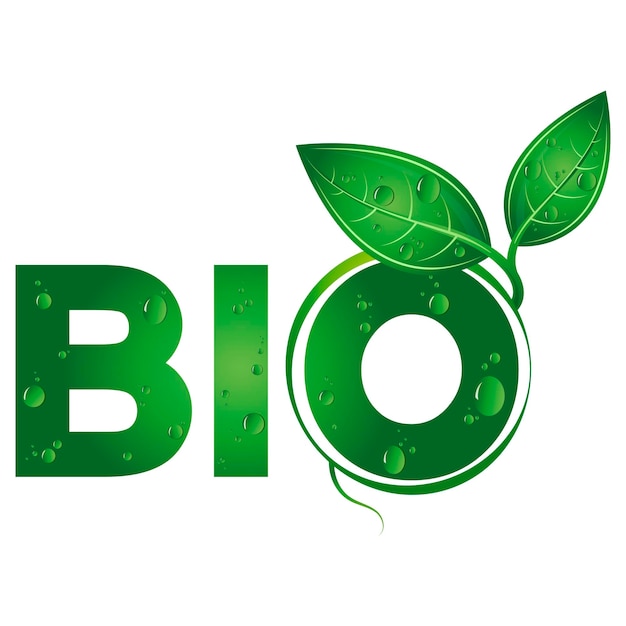Bio sign with water drops and green leaves