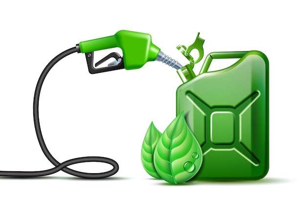 Biobrandstof Benzinepompmondstuk en Groene jerrycan met groene bladeren Milieuontwerp Biobrandstofconcept