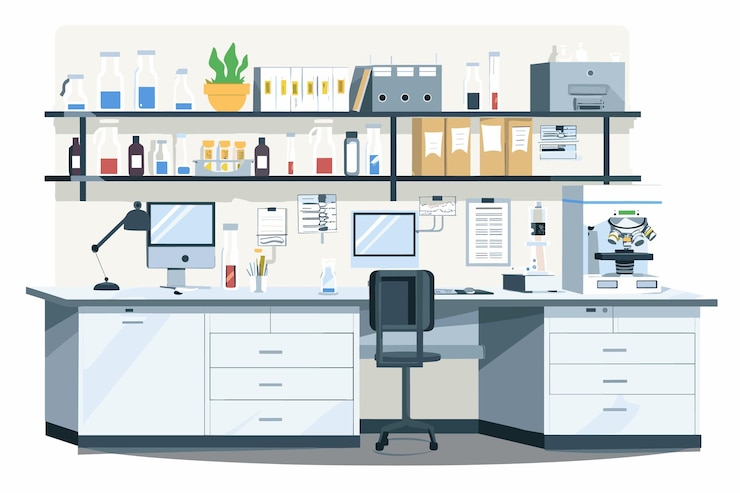 Vector biochemical research using modern scientific instruments and analyzers flat style