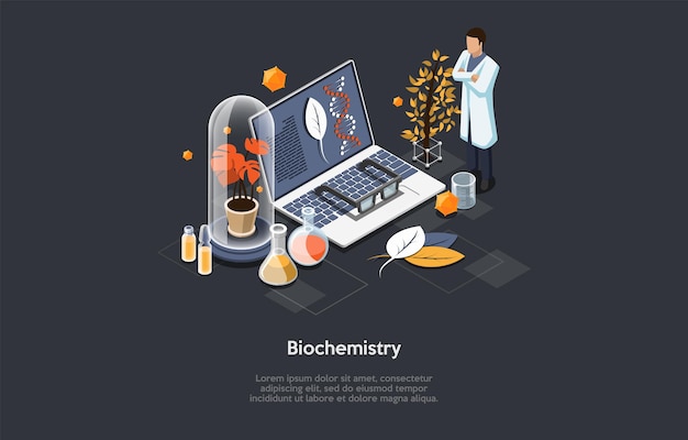 Biochemie illustratie. isometrische samenstelling in 3d-cartoonstijl met wetenschappelijke artikelen en wetenschapper karakter in wit gewaad