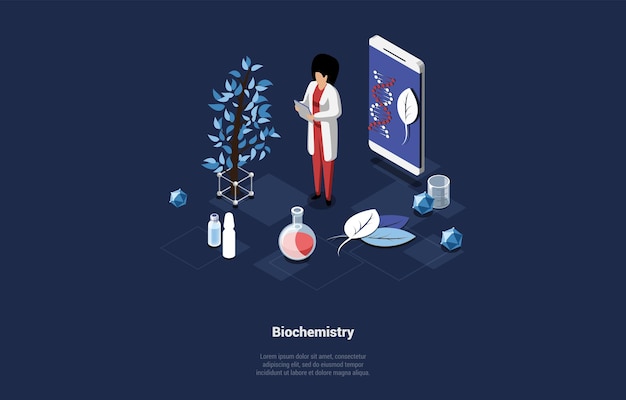 Vector biochemistry research formulas and calculations concept character laboratory assistant scientist make biochemistry and dna research molecular engineering isometric cartoon 3d vector illustration
