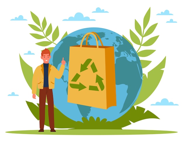 Vector biodegradable bag ecology of zero waste tiny man with huge paper shopping packet green reuse sign save the planet environment care eco friendly people vector cartoon flat concept