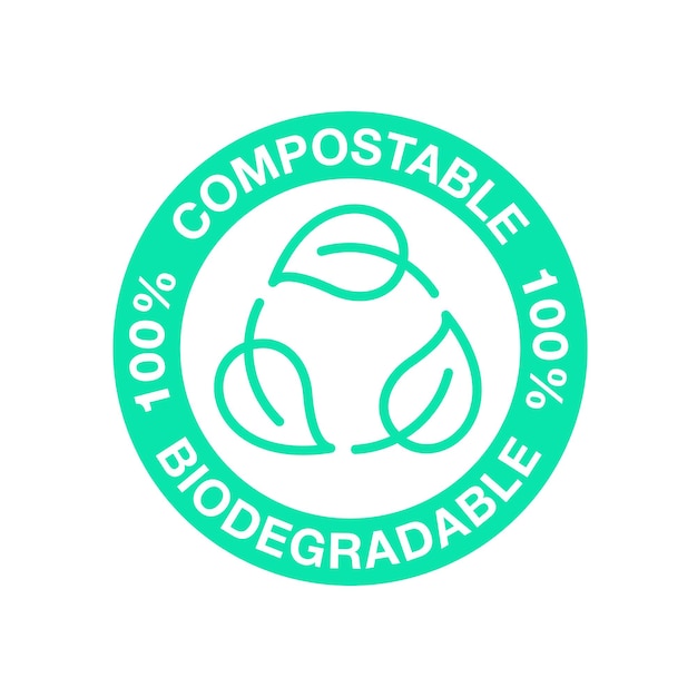 Vettore icona riciclabile compostabile biodegradabile confezione senza plastica bio vettore etichetta foglia verde simbolo di riciclaggio organico biodegradabile ed eco sicuro per confezione biodegradabile