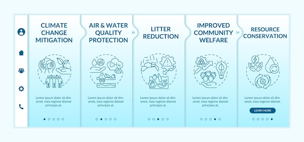 Biodegradable waste reduction benefits onboarding  template. climate change mitigation. litter reducing. responsive mobile website with icons. webpage walkthrough step screens. rgb color concept