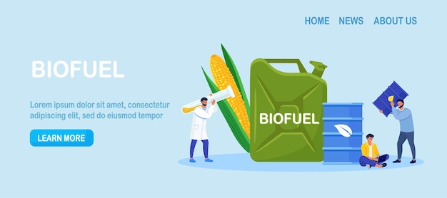 Vettore produzione di biodiesel o biogas energia verde dalla pianta di mais carburante ecologico per la stazione di servizio le persone usano il biodiesel lo scienziato crea carburante di materiali naturaliuomo con una bottiglia di olio di biogasolina