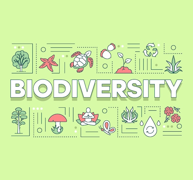 Biodiversiteit woord concepten banner. bos reservaat. onderhoud van het ecosysteem. onderwater leven. presentatie, website. geïsoleerde belettering typografie idee met lineaire pictogrammen. vector overzichtsillustratie