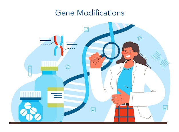 생명 공학 개념입니다. 생명 공학, 유전자 치료 및 연구. 과학자는 생물학적 시스템을 연구, 수정 및 제어합니다. 의료 생물 공학. 평면 벡터 일러스트 레이 션