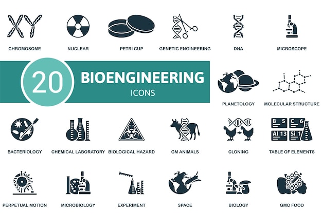 Vector bioengineering icon set monochrome simple bioengineering