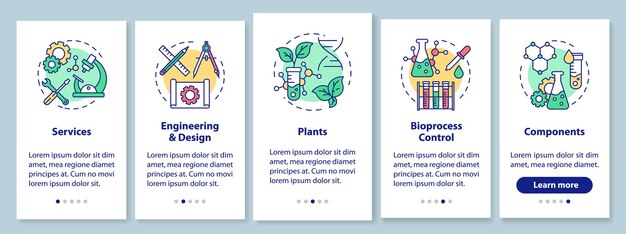 Schermata della pagina dell'app mobile onboarding di bioingegneria con concetti lineari. servizi e impianti, componenti. cinque passaggi illustrativi istruzioni grafiche. modello vettoriale ux, ui, gui con illustrazioni