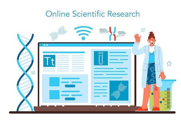 Bioengineering online service or platform. biotechnology, gene therapy and research. scientist study biological system. online research. flat vector illustration