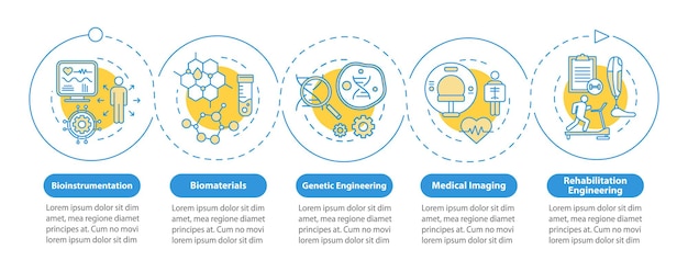 生物工程矢量信息圖模板. 商業演示設計元素. 生物儀器. 數據可視化,五個步,選項. 流程時間線圖. 工作流程布局,線性圖標