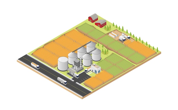 Вектор Биотопливная энергия, завод по переработке биотоплива в изометрической проекции