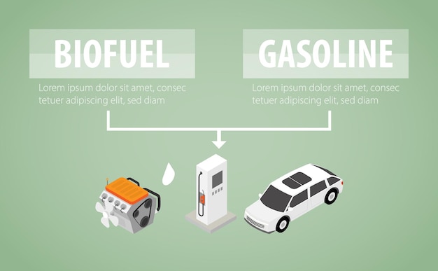 Vector biofuel and gasoline fuel to vehicle isometric graphic