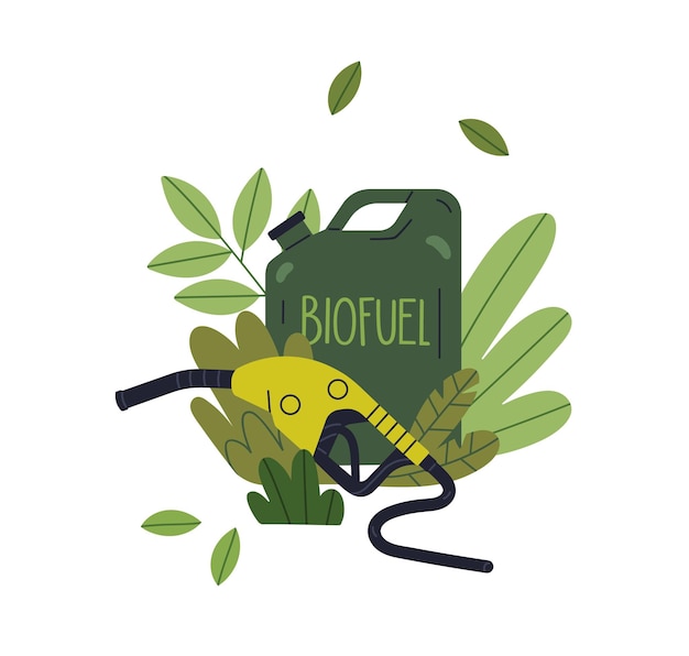 Биотопливо зеленое возобновляемое биотопливо энергетическая концепция экологически чистый естественный устойчивый биогаз контейнер и пистолет шланг для автомобиля авто Плоская графическая векторная иллюстрация изолирована на белом фоне