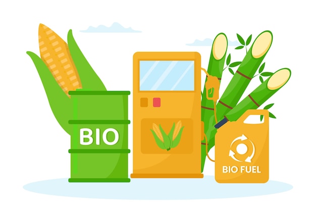 Vettore ciclo di vita dei biocarburanti di materiali e piante naturali con energia di produzione di biogas nell'illustrazione