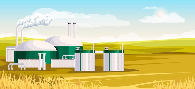 Biofuel station renewable energy source electricity environment gas fuel power plant biodiesel biogas field crops agriculture industrial building vector illustration