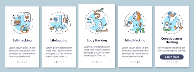 Biohacking-elementen onboarding mobiele app-paginascherm met concepten. diy-biologie en lichaamshacking door vijf stappen grafische instructies. ui-sjabloon met rgb-kleurenillustraties