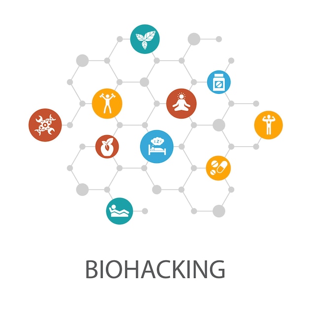 Biohacking 프리젠 테이션 템플릿, 표지 레이아웃 및 인포 그래픽. 유기농 식품, 건강한 수면, 명상, 마약 아이콘