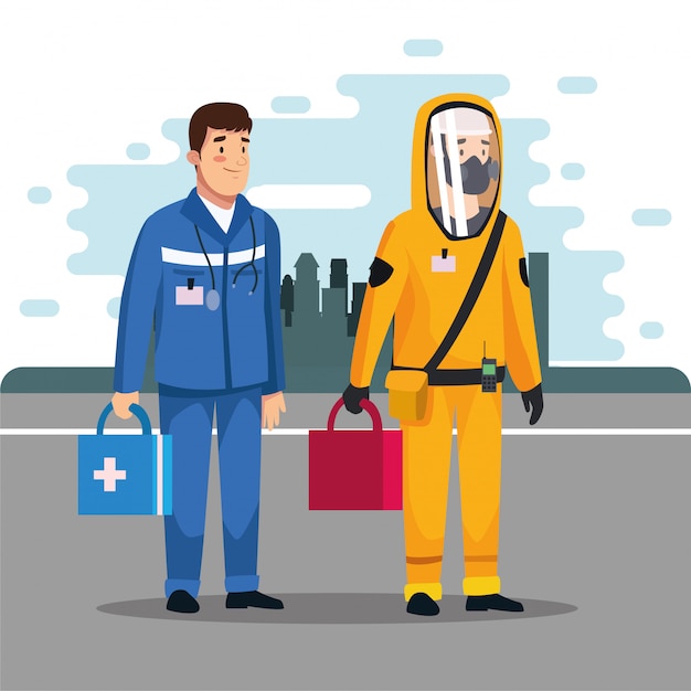 Biohazard cleaning person with paramedic on the city