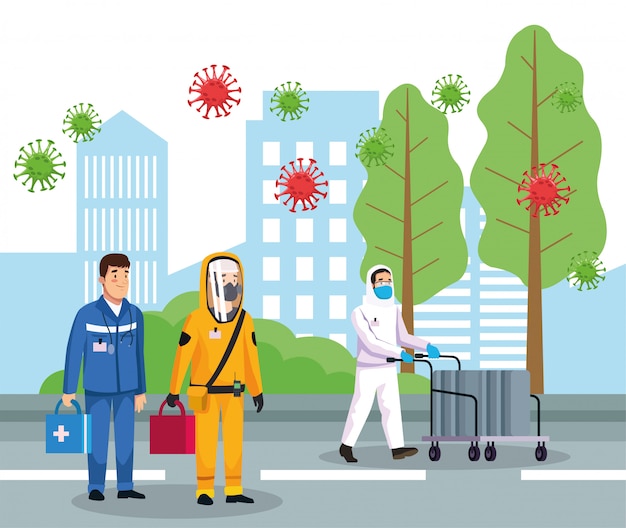 Biohazard cleaning persons with covid19 particles on the city