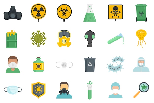 Набор иконок биологической опасности. Плоский набор векторных иконок биологической опасности, выделенных на белом фоне