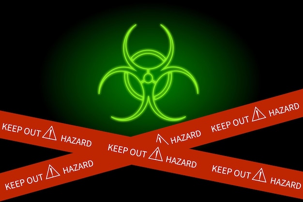 Biohazard Neon vector gevaar teken Biohazard teken op zwarte achtergrond met rode waarschuwingstape