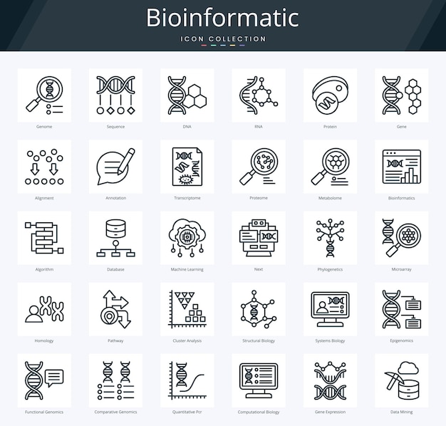 Bioinformatics outline icon pack для науки о данных и биотехнологий, таких как гены и ДНК