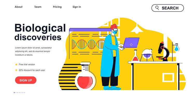 Vector biological discoveries concept for landing page template scientist in mask does research and scientific tests in laboratory people scene vector illustration with flat character design for web banner