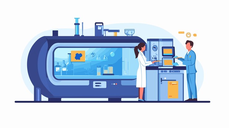 Vector biological experiments on man and woman in medical uniform