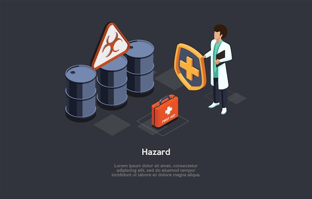 Biological health hazard concept illustration on dark background. cartoon style 3d composition. isometric vector design. male doctor in robe standing, dangerous barrels, first aid kit, infographics.